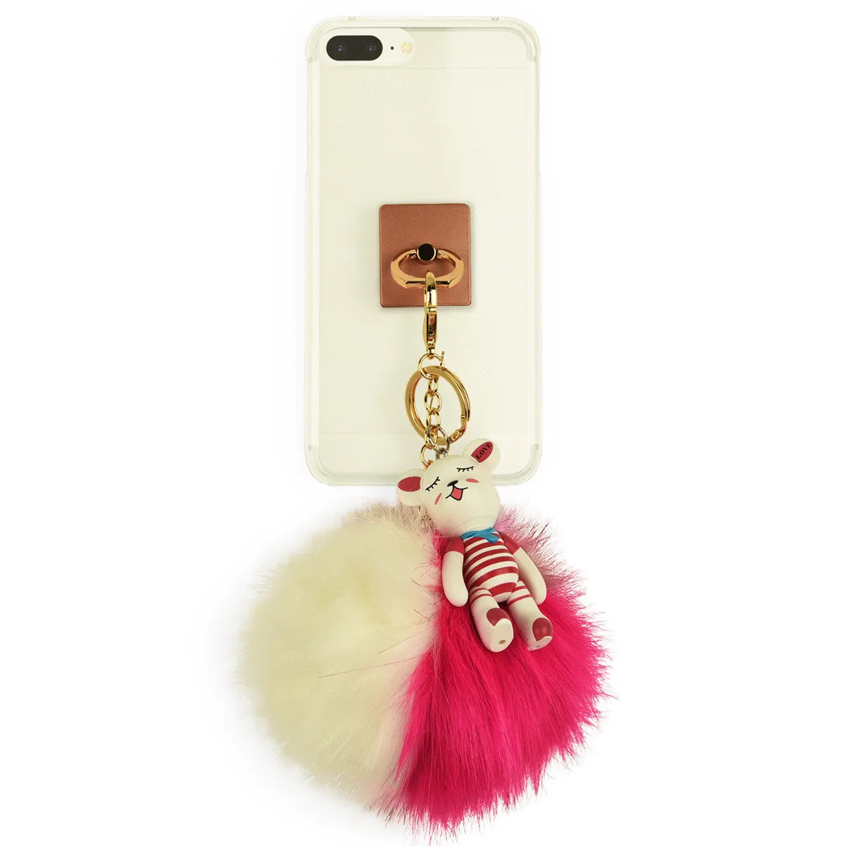 iOrigin Ring Grip and Kick Stand   Two-Toned Furry Ball Key Chain with Bear for Mobile Phones & Tablets