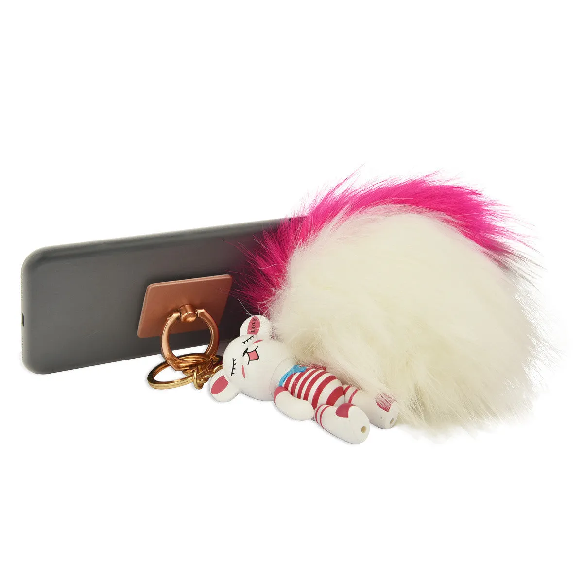 iOrigin Ring Grip and Kick Stand   Two-Toned Furry Ball Key Chain with Bear for Mobile Phones & Tablets