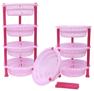 Kuber Industries Plastic 2 Pieces 4 Layer Multi-Purpose Kitchen Storage Basket Rack (Pink)-Ctktc25205