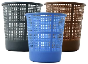 Kuber Industries Plastic 3 Pieces Mesh Dustbin Garbage Bin for Office use, School, Bedroom, Kids Room, Home, Multi Purpose,5 litres (Blue & Brown & Grey)