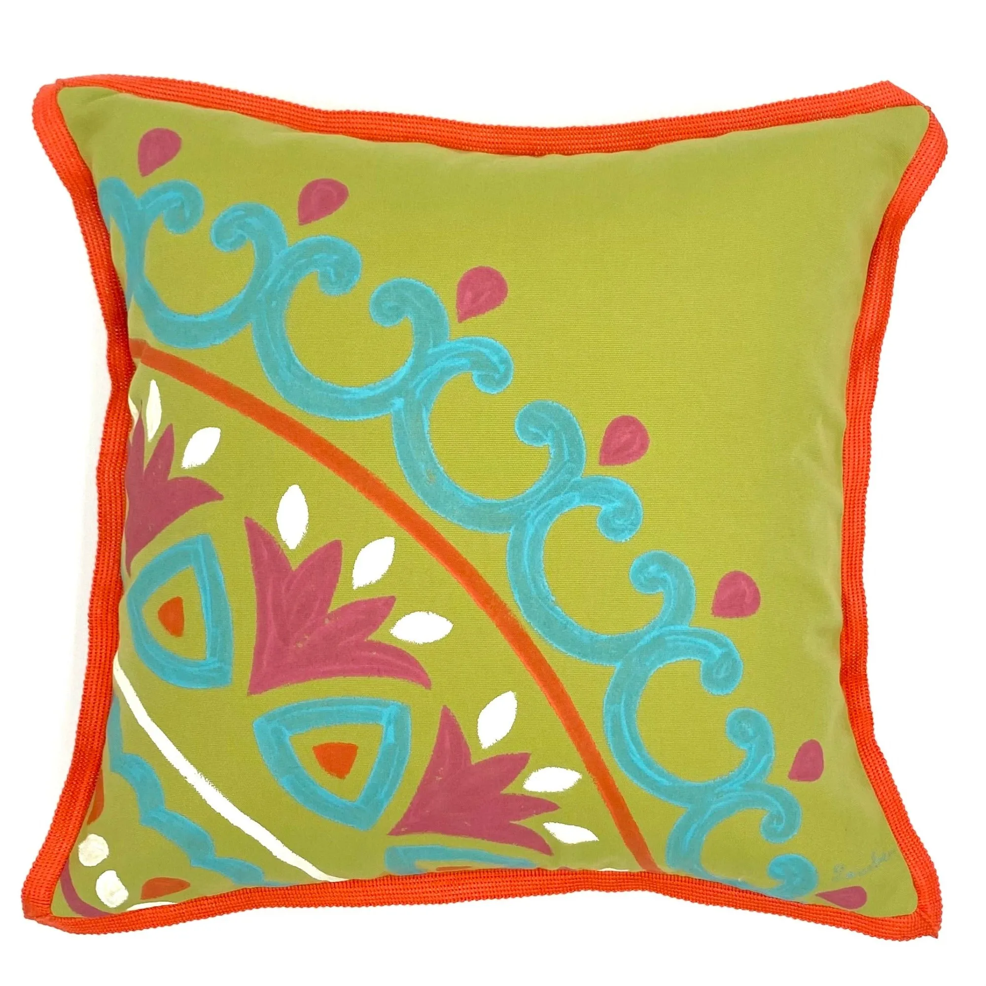 Lime Green Tropical Hand-Painted Outdoor Throw Pillow 18x18