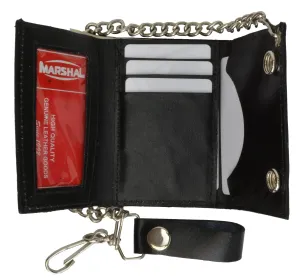 Marshal Genuine Leather Men's Trifold Wallet with Chain Biker Trucker Black