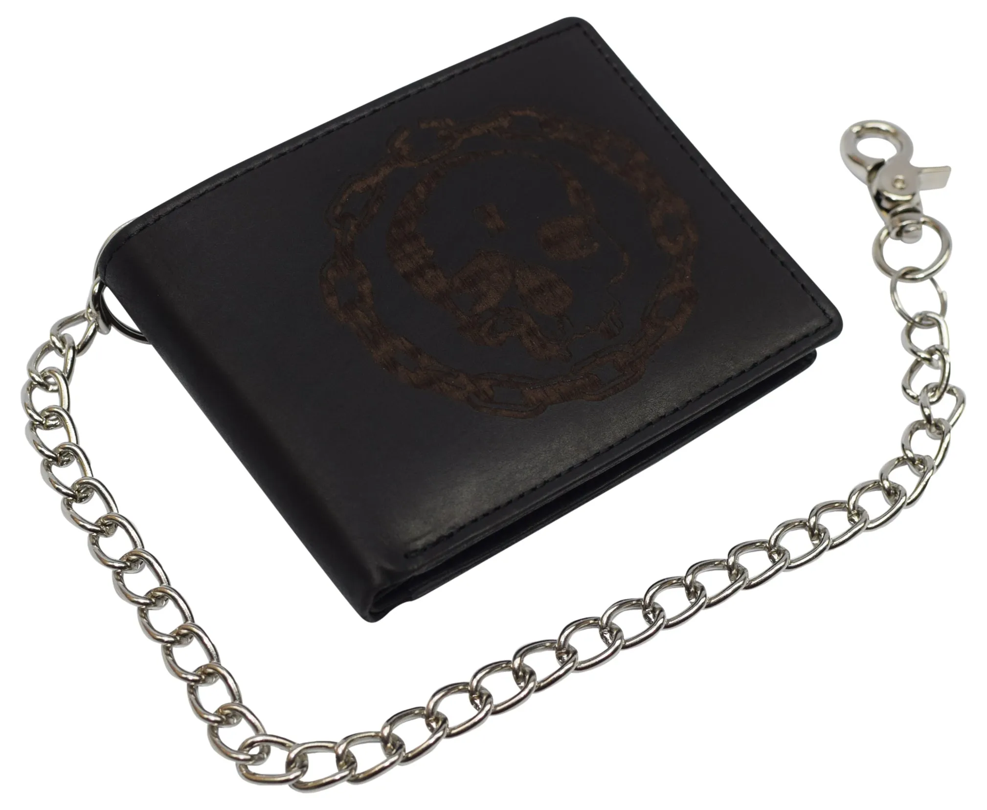 Men's Genuine Leather RFID Blocking Bifold Chain Logo Wallets Black, Biker Wallet for Men