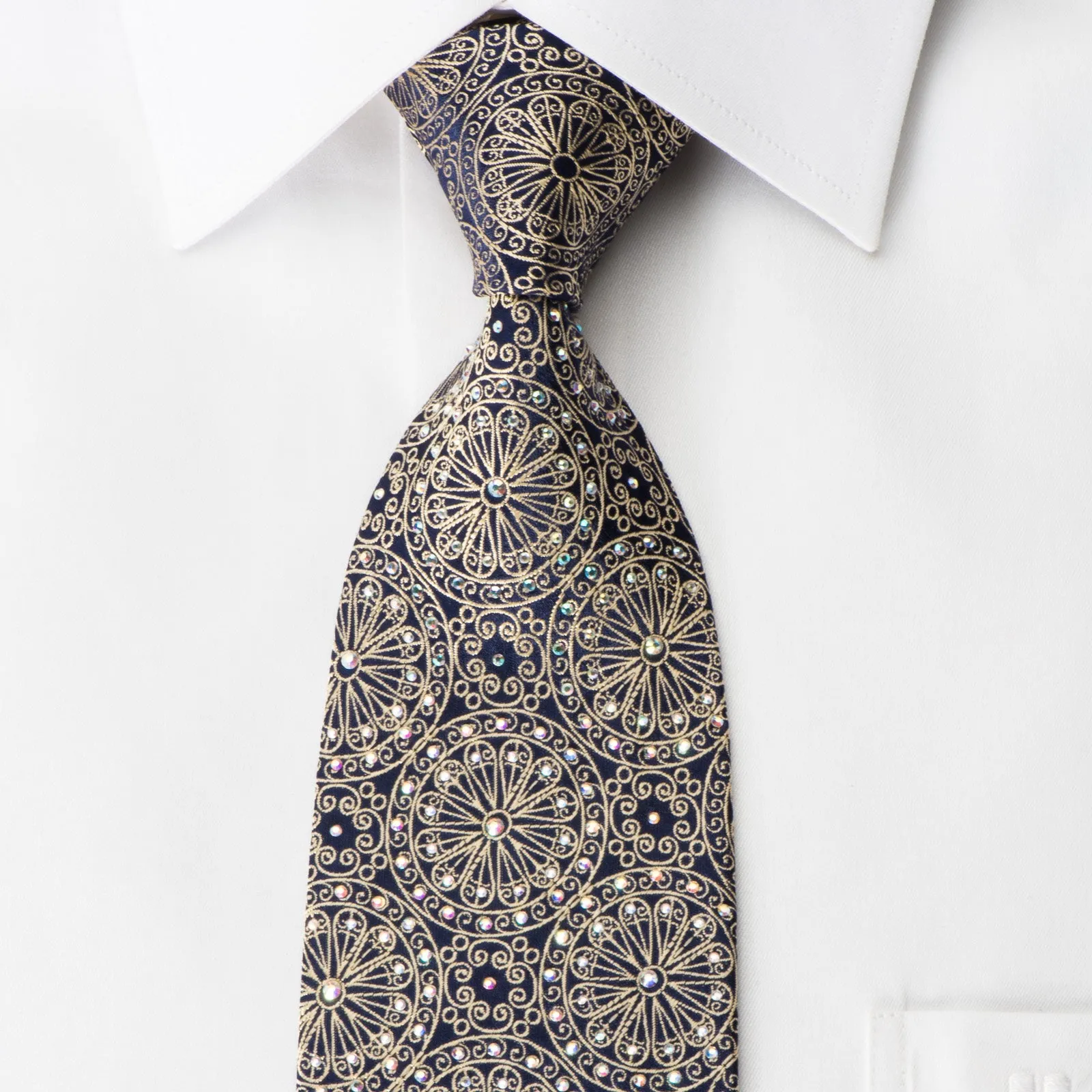 Pierre Cardin Silk Necktie Golden Filigree Medallions On Navy Sparkling With Rhinestones