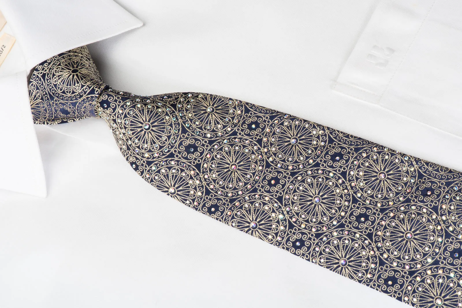 Pierre Cardin Silk Necktie Golden Filigree Medallions On Navy Sparkling With Rhinestones