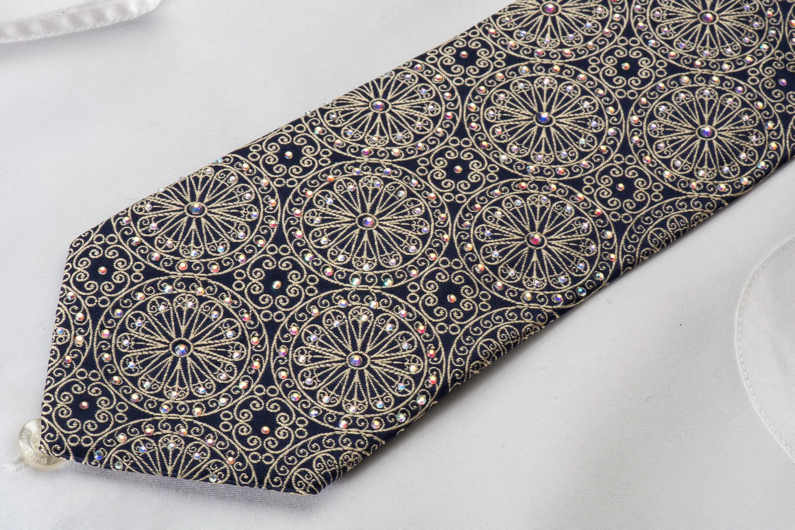 Pierre Cardin Silk Necktie Golden Filigree Medallions On Navy Sparkling With Rhinestones