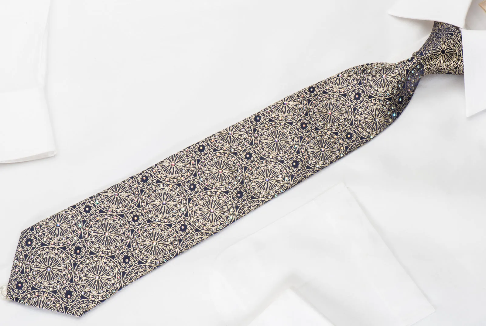 Pierre Cardin Silk Necktie Golden Filigree Medallions On Navy Sparkling With Rhinestones