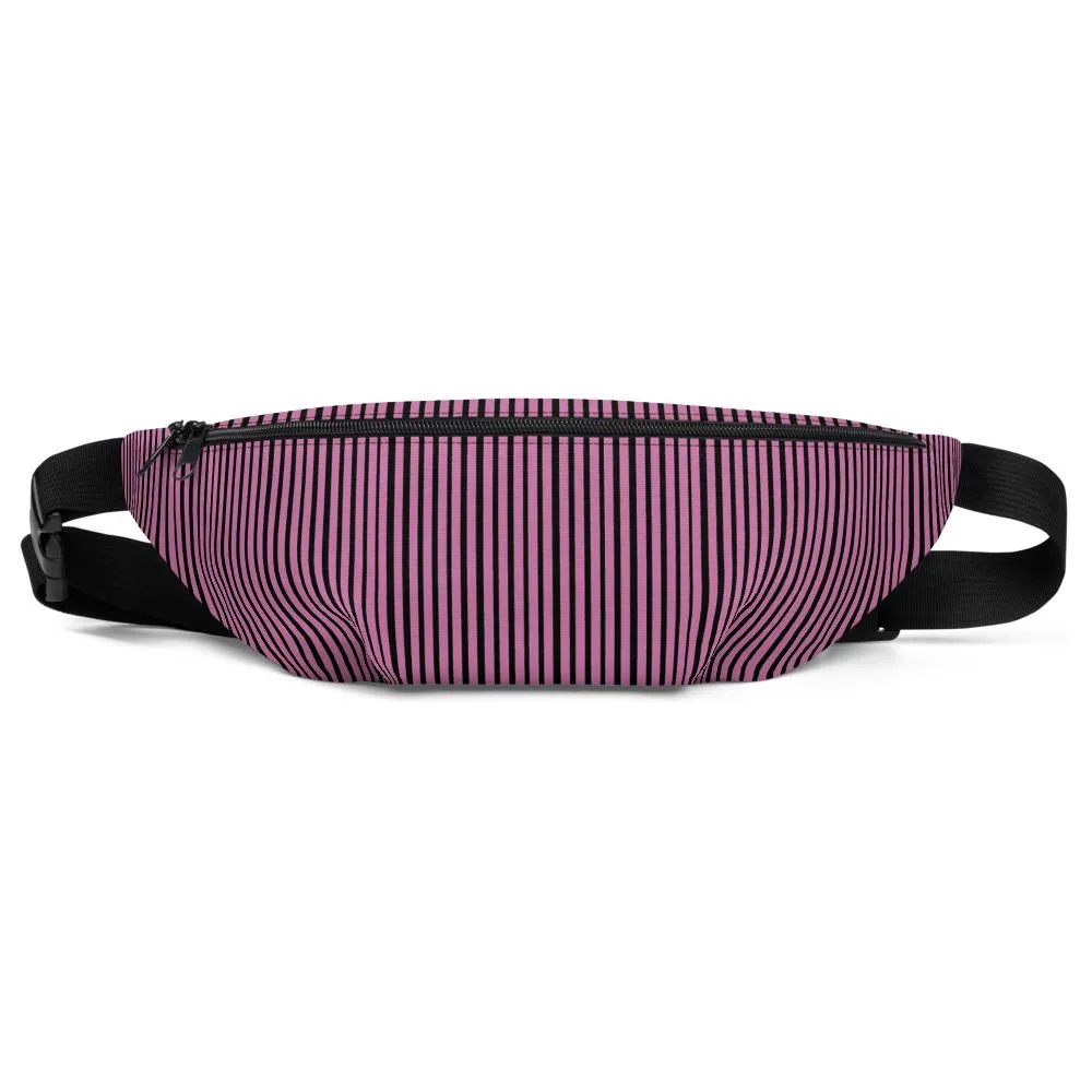 Pink Black Fanny Pack, Vertical Stripe Print Designer Fanny Pack Belt Festival Waist Bag- Made in USA