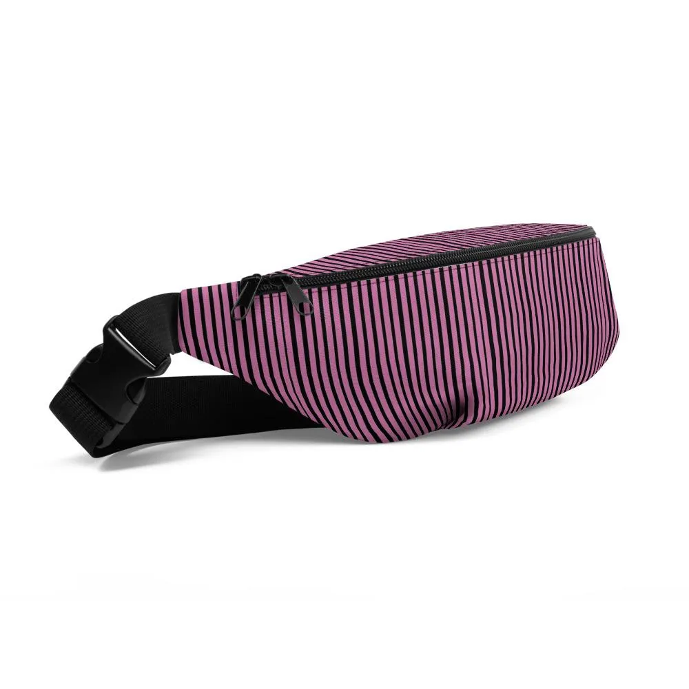 Pink Black Fanny Pack, Vertical Stripe Print Designer Fanny Pack Belt Festival Waist Bag- Made in USA