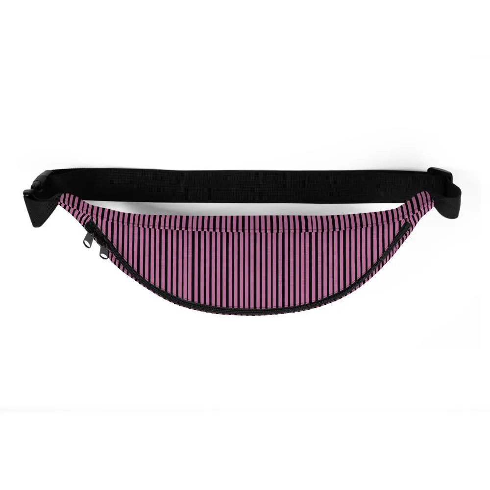 Pink Black Fanny Pack, Vertical Stripe Print Designer Fanny Pack Belt Festival Waist Bag- Made in USA