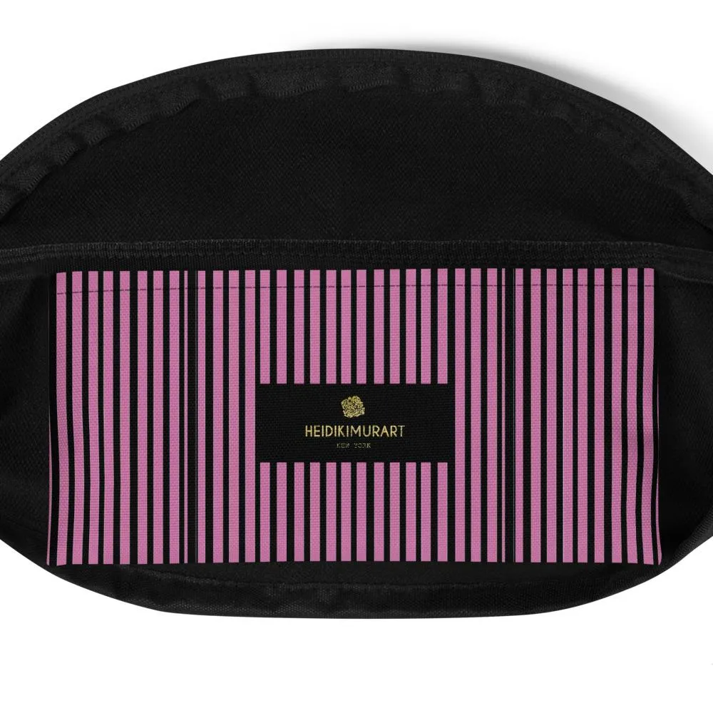 Pink Black Fanny Pack, Vertical Stripe Print Designer Fanny Pack Belt Festival Waist Bag- Made in USA