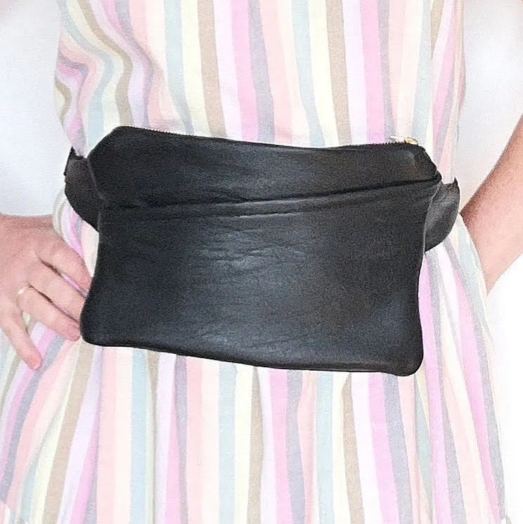 Recycled black leather Fringe Vintage fanny pack