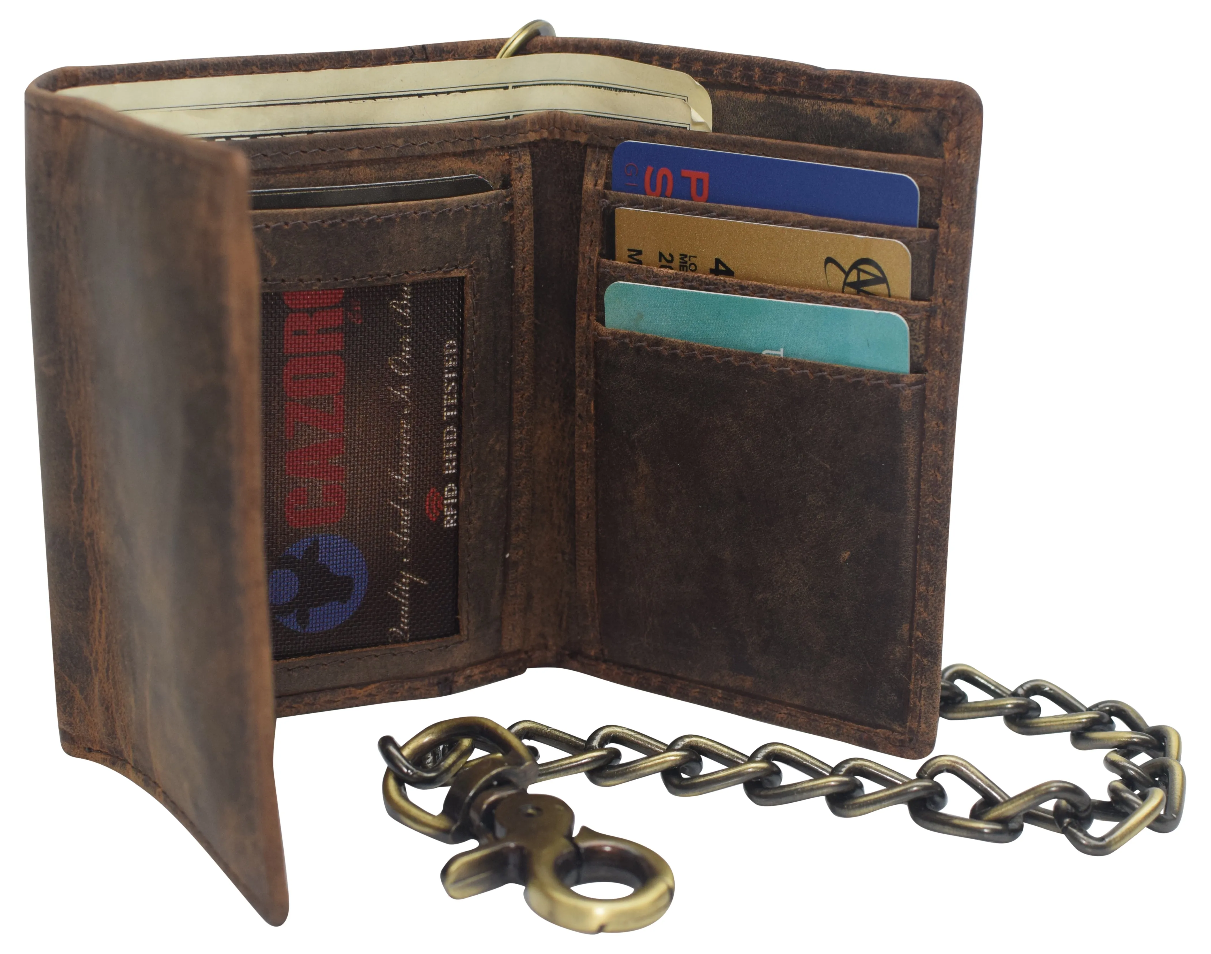 RFID Blocking Men's Tri-fold Vintage Leather Biker Chain Wallet With Snap Closure RFID610946RHU