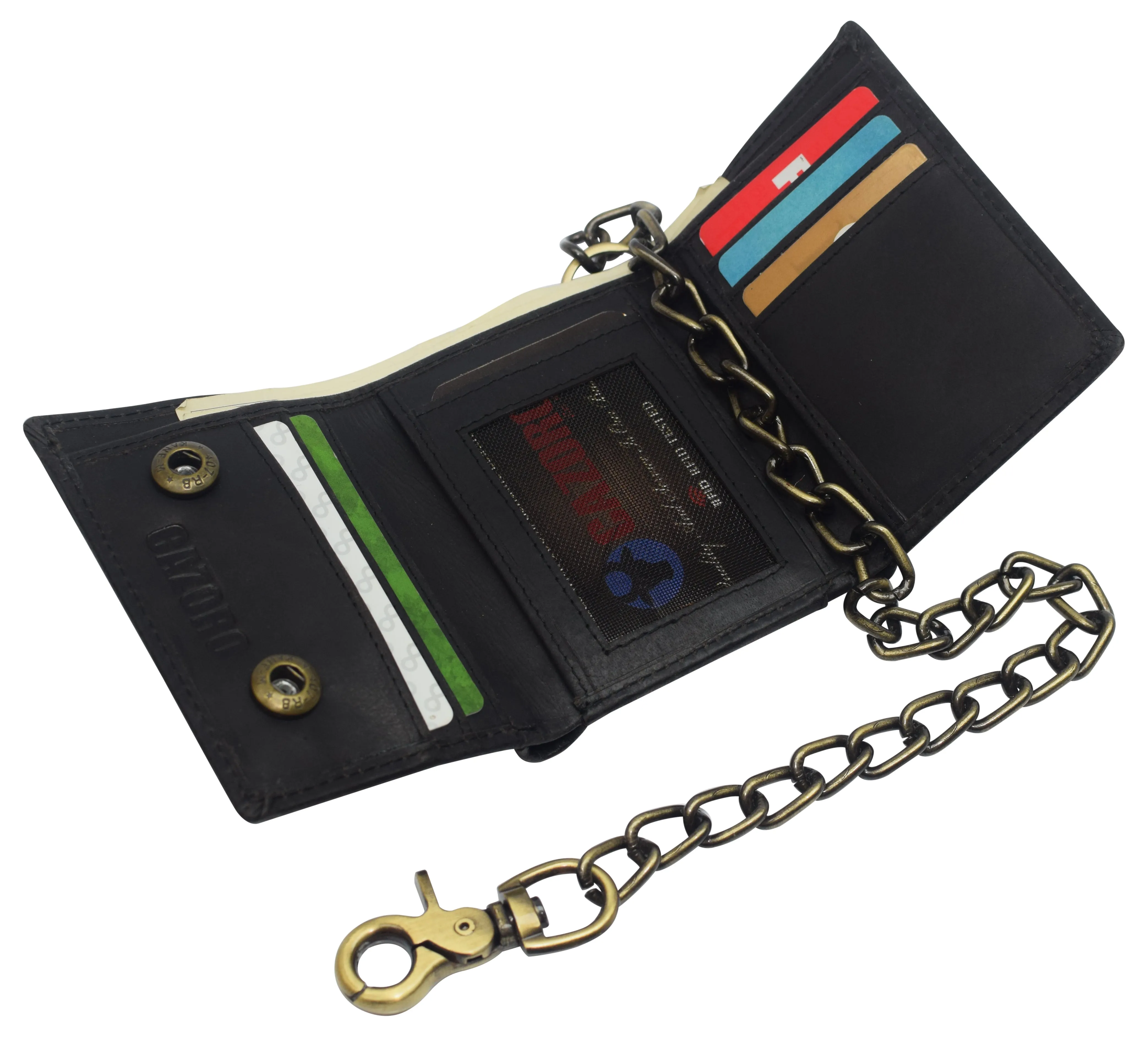 RFID Blocking Men's Tri-fold Vintage Leather Biker Chain Wallet With Snap Closure RFID610946RHU