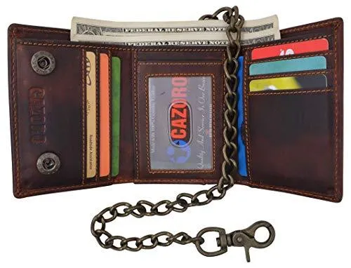 RFID Blocking Men's Tri-fold Vintage Leather Biker Chain Wallet With Snap Closure RFID610946RHU