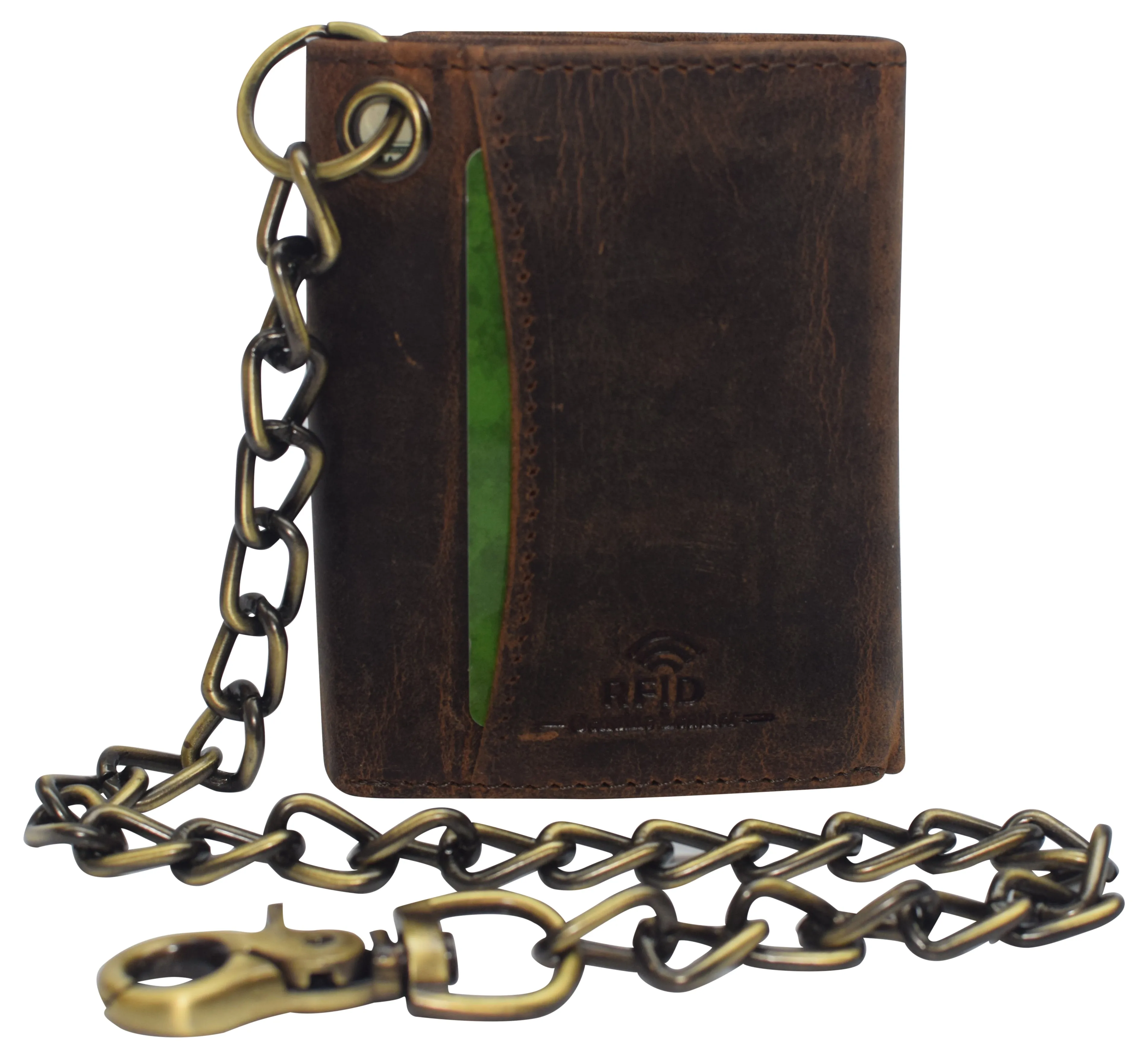 RFID Blocking Men's Tri-fold Vintage Leather Biker Chain Wallet With Snap Closure RFID610946RHU