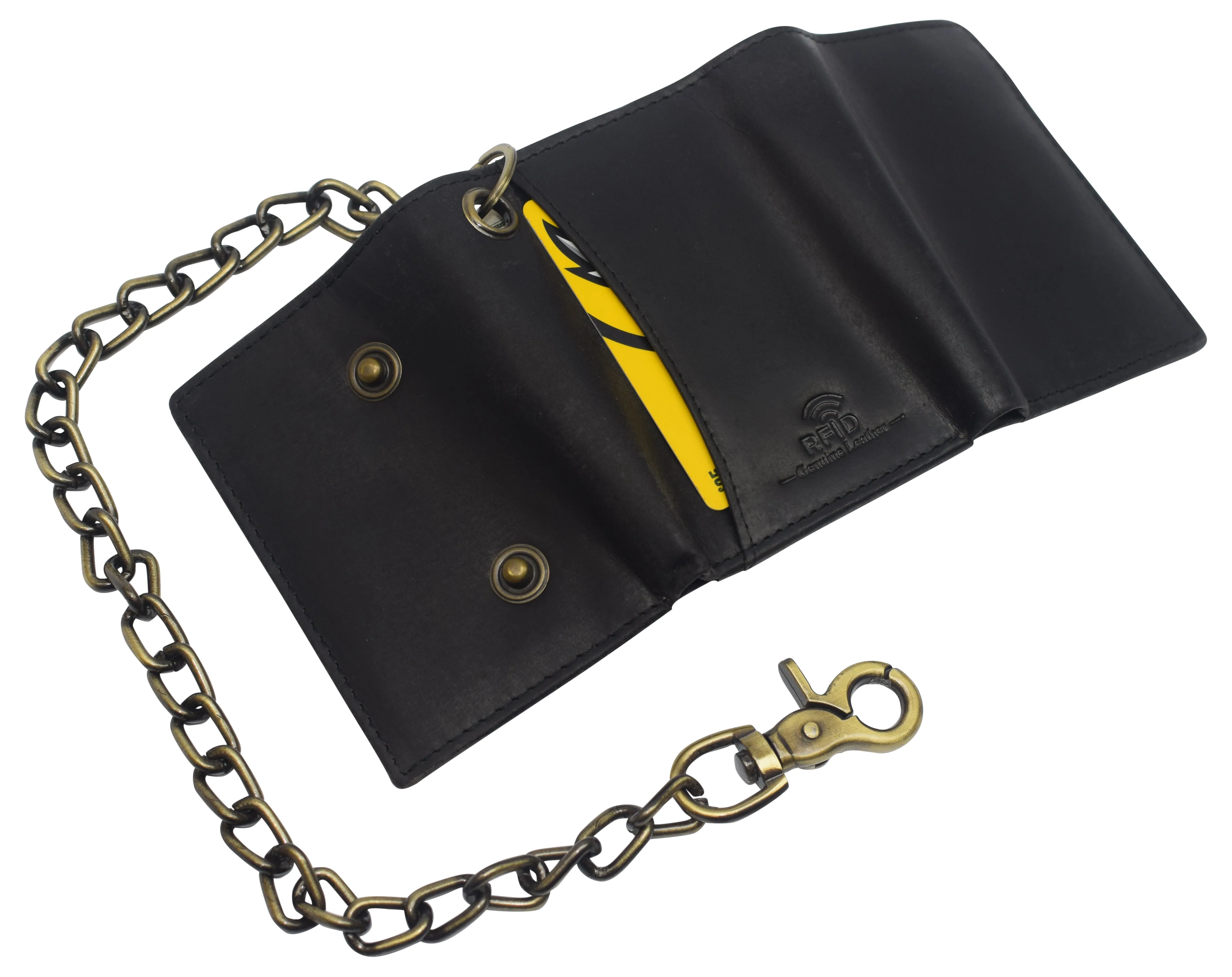 RFID Blocking Men's Tri-fold Vintage Leather Biker Chain Wallet With Snap Closure RFID610946RHU