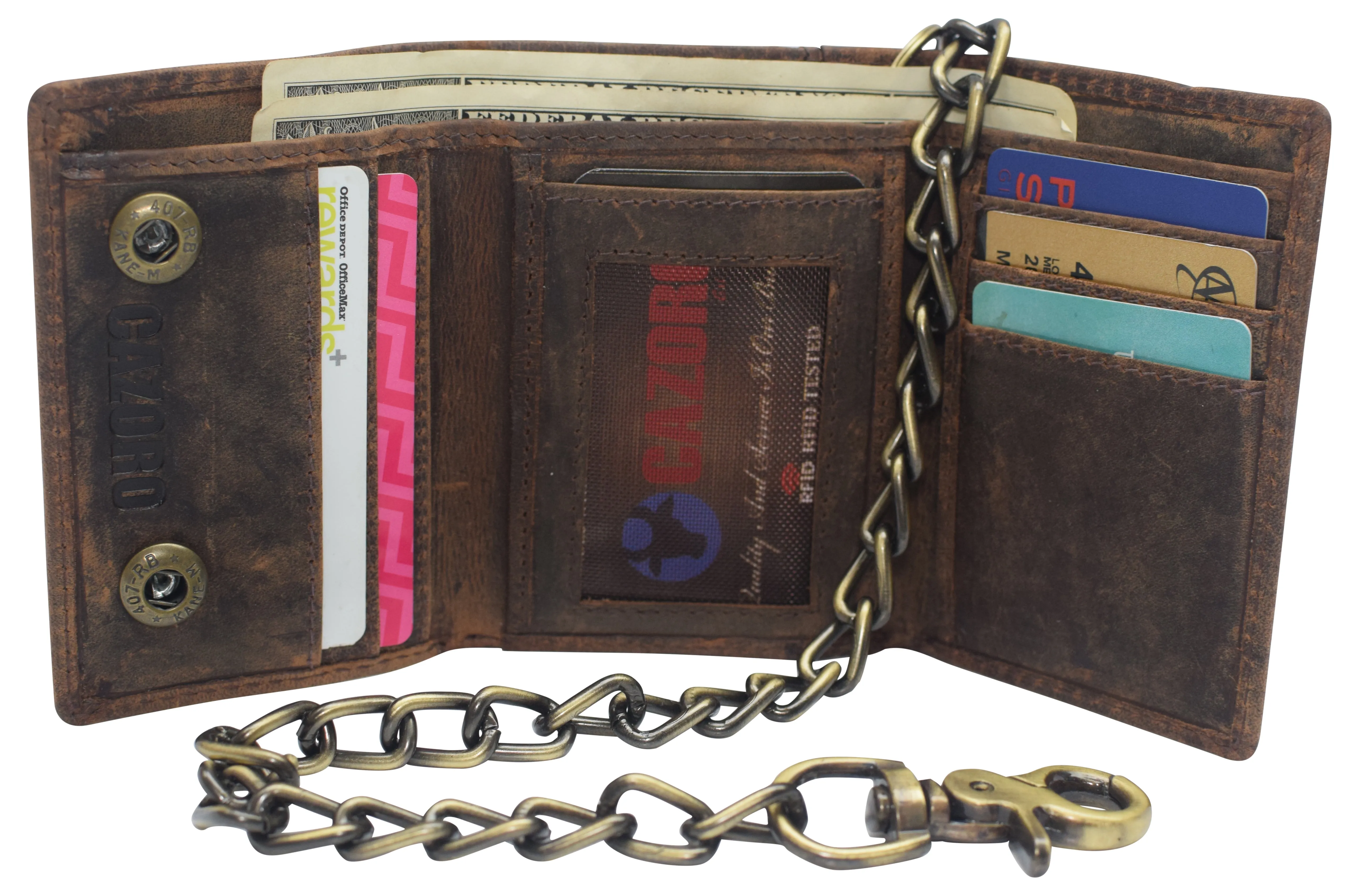 RFID Blocking Men's Tri-fold Vintage Leather Biker Chain Wallet With Snap Closure RFID610946RHU