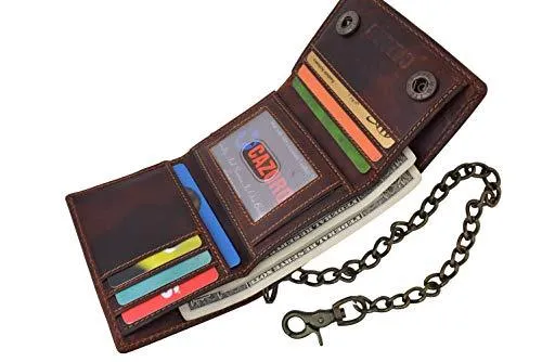 RFID Blocking Men's Tri-fold Vintage Leather Biker Chain Wallet With Snap Closure RFID610946RHU