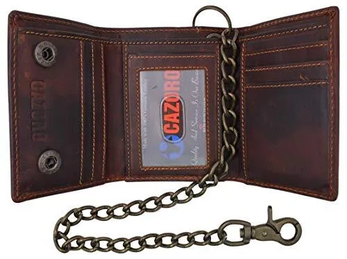 RFID Blocking Men's Tri-fold Vintage Leather Biker Chain Wallet With Snap Closure RFID610946RHU