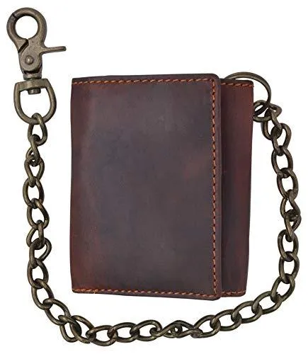 RFID Blocking Men's Tri-fold Vintage Leather Biker Chain Wallet With Snap Closure RFID610946RHU