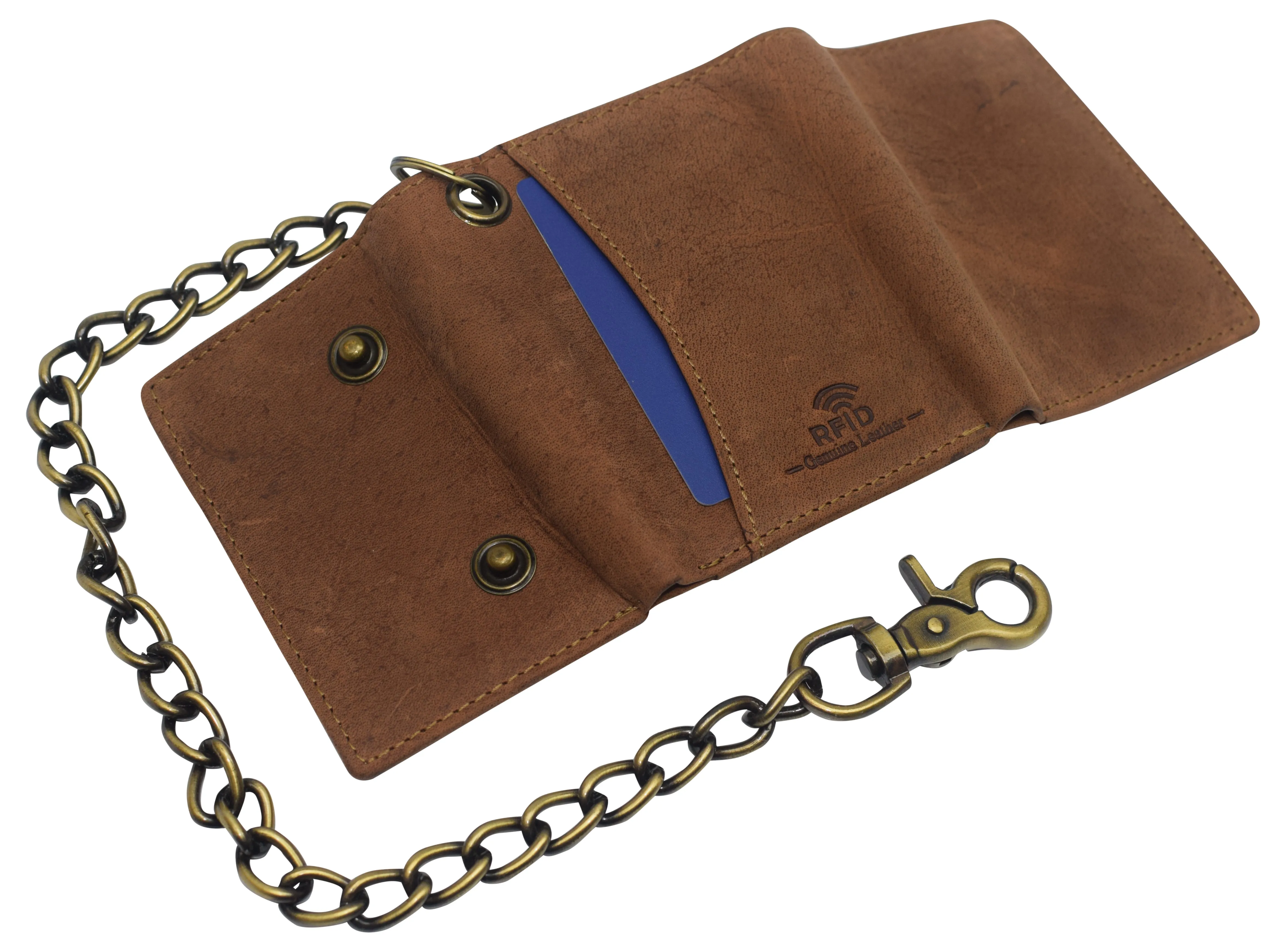 RFID Blocking Men's Tri-fold Vintage Leather Biker Chain Wallet With Snap Closure RFID610946RHU