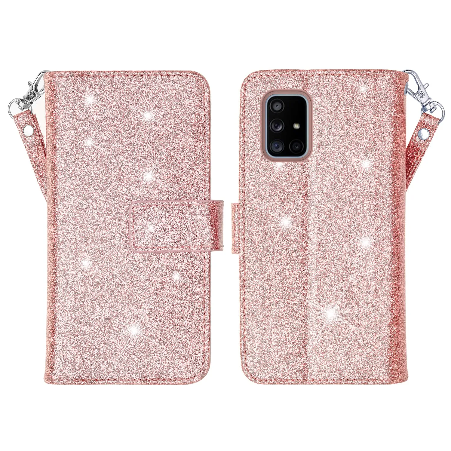 Samsung Galaxy A51 5G Case, Galaxy A51 5G Case, Glitter Faux Leather Flip Credit Card Holder Wrist Strap Shockproof Protective Wallet Case Clutch for Galaxy A51 5G - Rose Gold