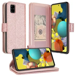 Samsung Galaxy A51 5G Case, Galaxy A51 5G Case, Glitter Faux Leather Flip Credit Card Holder Wrist Strap Shockproof Protective Wallet Case Clutch for Galaxy A51 5G - Rose Gold