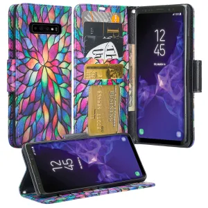 Samsung Galaxy S10 5G Case, SMG977U Wallet Case, Wrist Strap Pu Leather Wallet Case [Kickstand] with ID & Credit Card Slots - Rainbow Flower