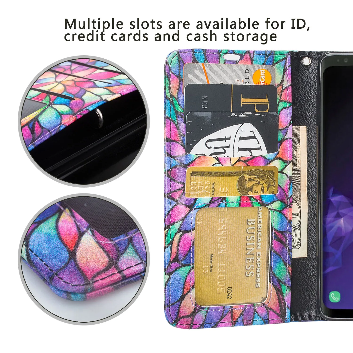 Samsung Galaxy S10 5G Case, SMG977U Wallet Case, Wrist Strap Pu Leather Wallet Case [Kickstand] with ID & Credit Card Slots - Rainbow Flower