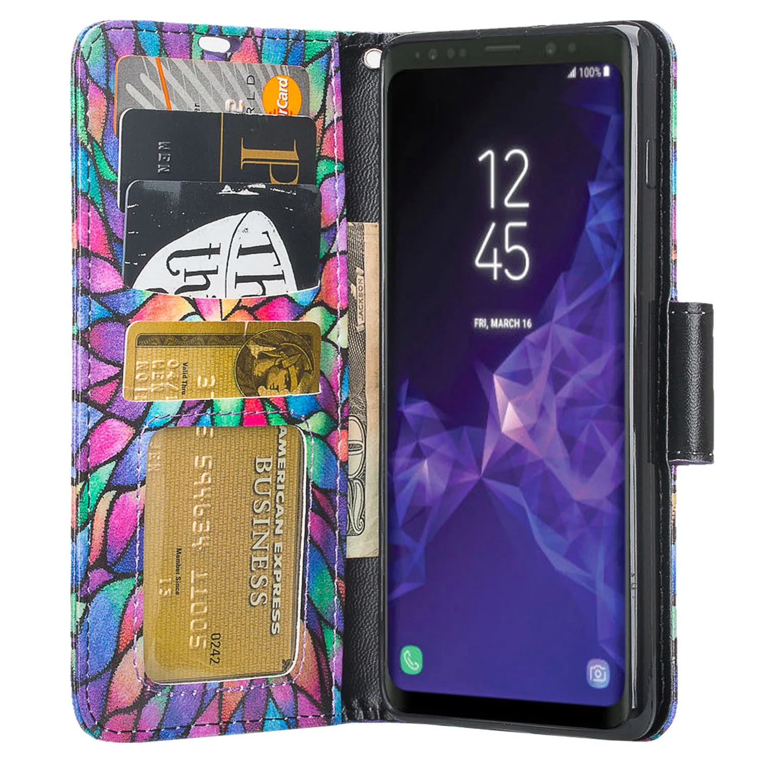 Samsung Galaxy S10 5G Case, SMG977U Wallet Case, Wrist Strap Pu Leather Wallet Case [Kickstand] with ID & Credit Card Slots - Rainbow Flower