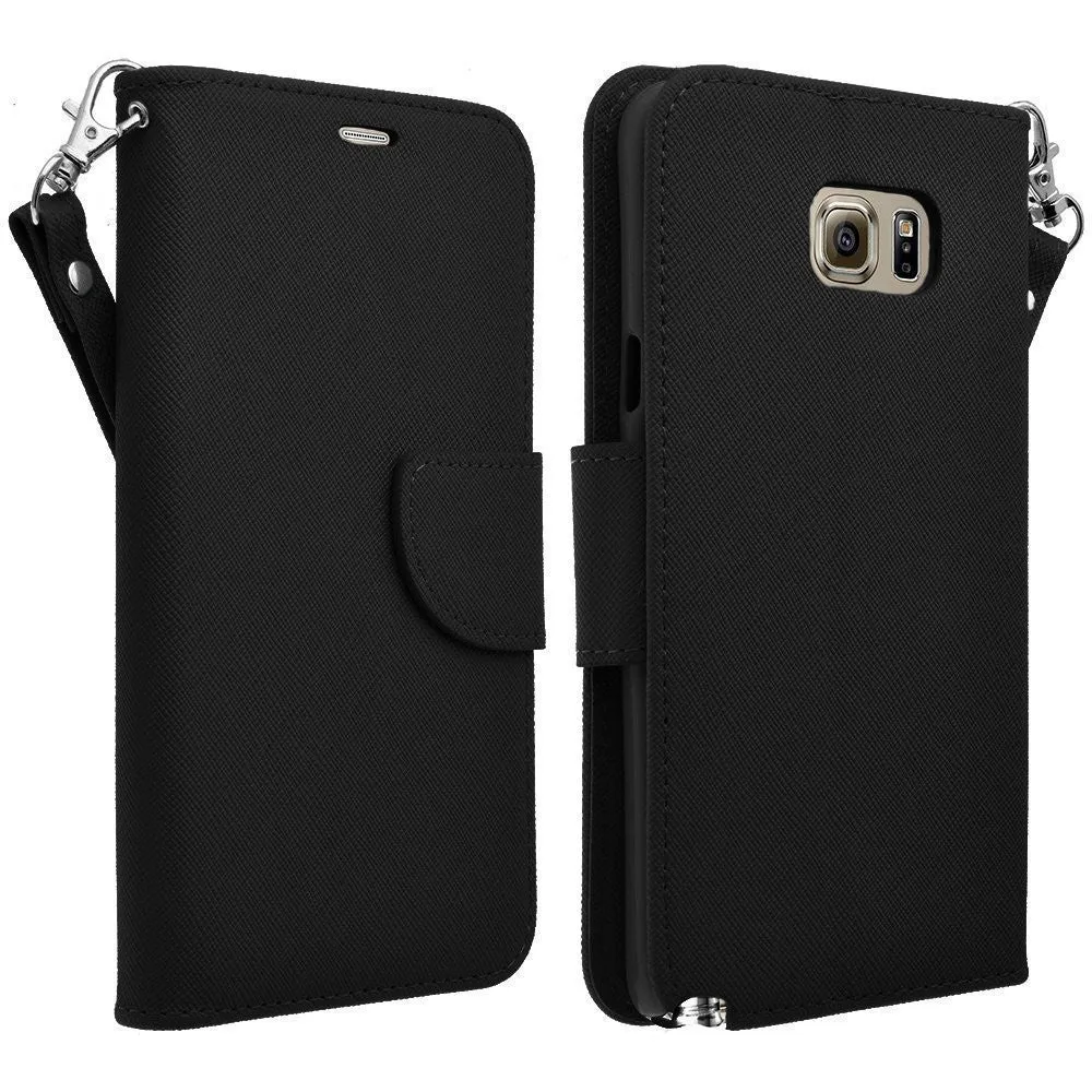 Samsung Galaxy S6 Wallet Case, Wrist Strap Magnetic Fold Folio[Kickstand] Pu Leather with ID & Card Slots for Galaxy S6 - Solid Black