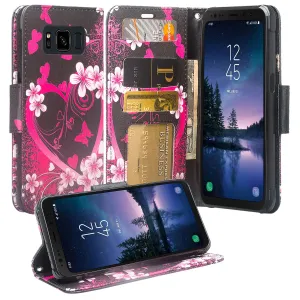 Samsung Galaxy S8 Active Case, Galaxy S8 Active Wallet Case, Wrist Strap Pu Leather Wallet Case [Kickstand] with ID & Credit Card Slots - Heart Butterflies