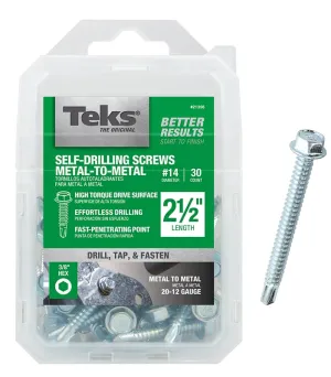 Teks 21356 Screw, #14 Thread, 2-1/2 in L, Coarse Thread, Hex Drive, Self-Drilling, Self-Tapping Point, Steel, 30 :PK 30: QUANTITY: 1