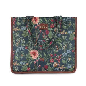 THE CLOWNFISH Ambrosia Series Tapestry Fabric 14 inch Laptop Bag Handbag For Women Box Bag Tote Office Bag (Navy Blue-Floral)