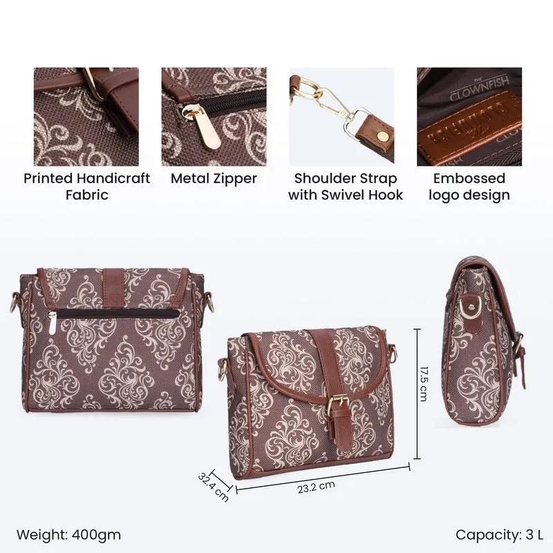 THE CLOWNFISH Madeline Printed Handicraft Fabric Handbag for Women Sling Bag Office Bag Ladies Shoulder Bag with Snap Flap Closure & Shoulder Belt Tote For Women College Girls (Brown)