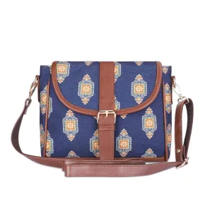 THE CLOWNFISH Madeline Printed Handicraft Fabric Handbag for Women Sling Bag Office Bag Ladies Shoulder Bag with Snap Flap Closure & Shoulder Belt Tote For Women College Girls (Dark Blue)