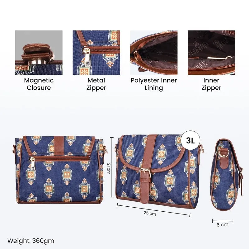 THE CLOWNFISH Madeline Printed Handicraft Fabric Handbag for Women Sling Bag Office Bag Ladies Shoulder Bag with Snap Flap Closure & Shoulder Belt Tote For Women College Girls (Dark Blue)