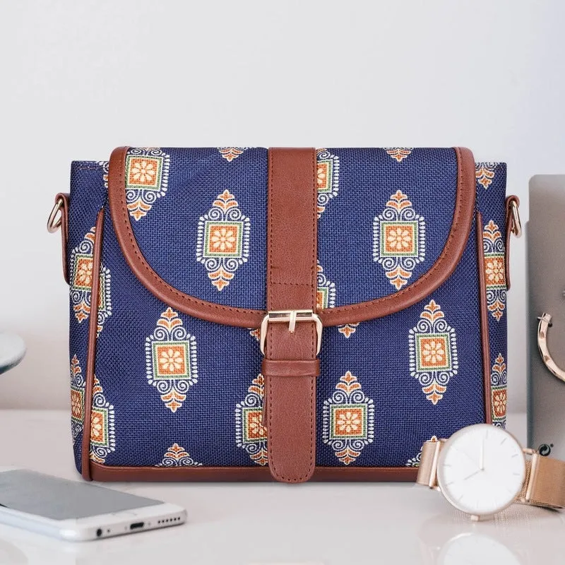 THE CLOWNFISH Madeline Printed Handicraft Fabric Handbag for Women Sling Bag Office Bag Ladies Shoulder Bag with Snap Flap Closure & Shoulder Belt Tote For Women College Girls (Dark Blue)